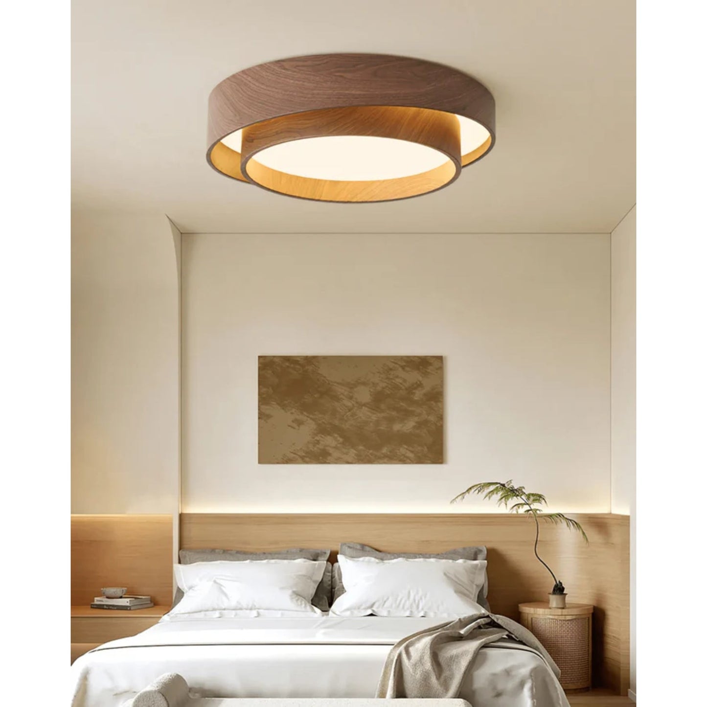 LED plafondlamp houtlook walnoot Japandi woonkamer slaapkamer ronde plafondlamp moderne verlichting houtnerf look