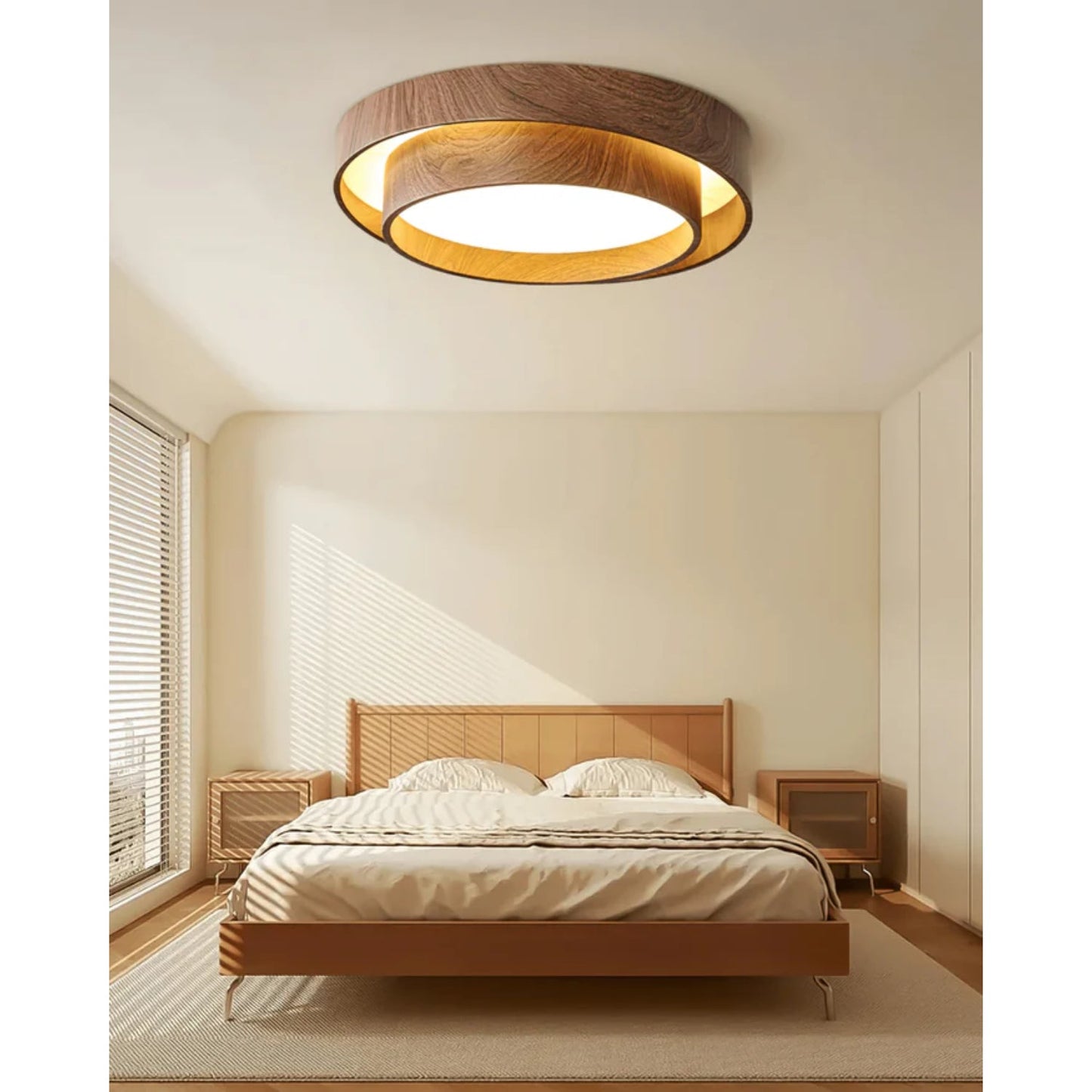 LED plafondlamp houtlook walnoot Japandi woonkamer slaapkamer ronde plafondlamp moderne verlichting houtnerf look
