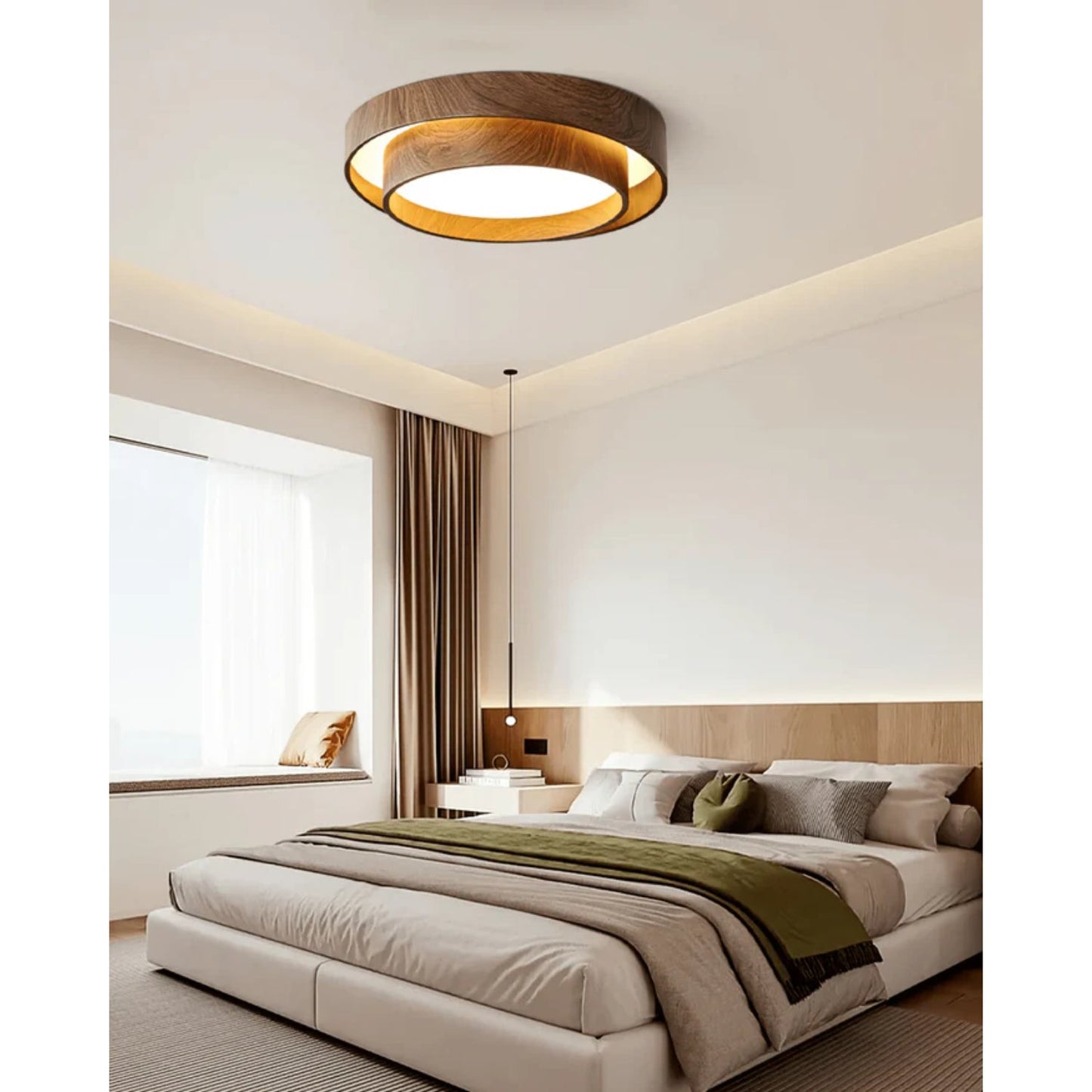 LED plafondlamp houtlook walnoot Japandi woonkamer slaapkamer ronde plafondlamp moderne verlichting houtnerf look