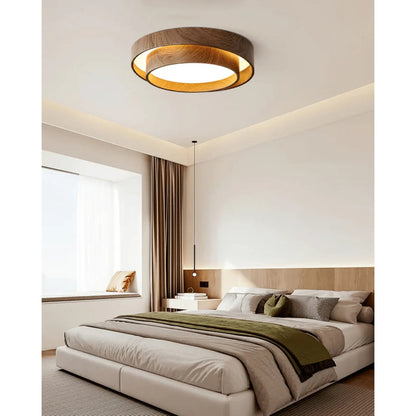 LED plafondlamp houtlook walnoot Japandi woonkamer slaapkamer ronde plafondlamp moderne verlichting houtnerf look