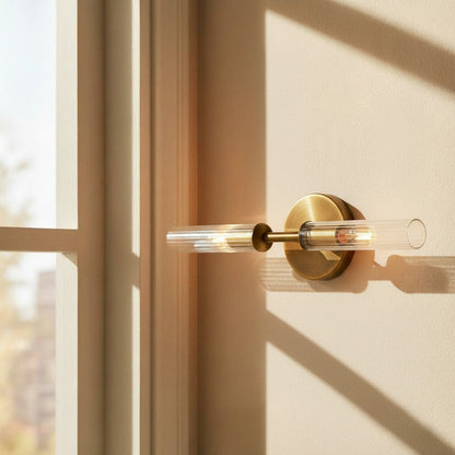 Geribbelde Glazen Wandlamp met Koperkleurige Afwerking – 1 of 2 Lichtpunten voor Badkamer Gang Slaapkamer