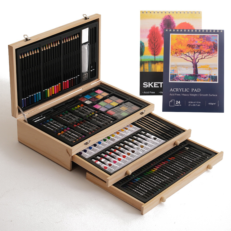Kunstenaarsset 175-Delig met Houten Opbergbox – Malstifte Acrylverf Aquarel Pastels Tekenblok