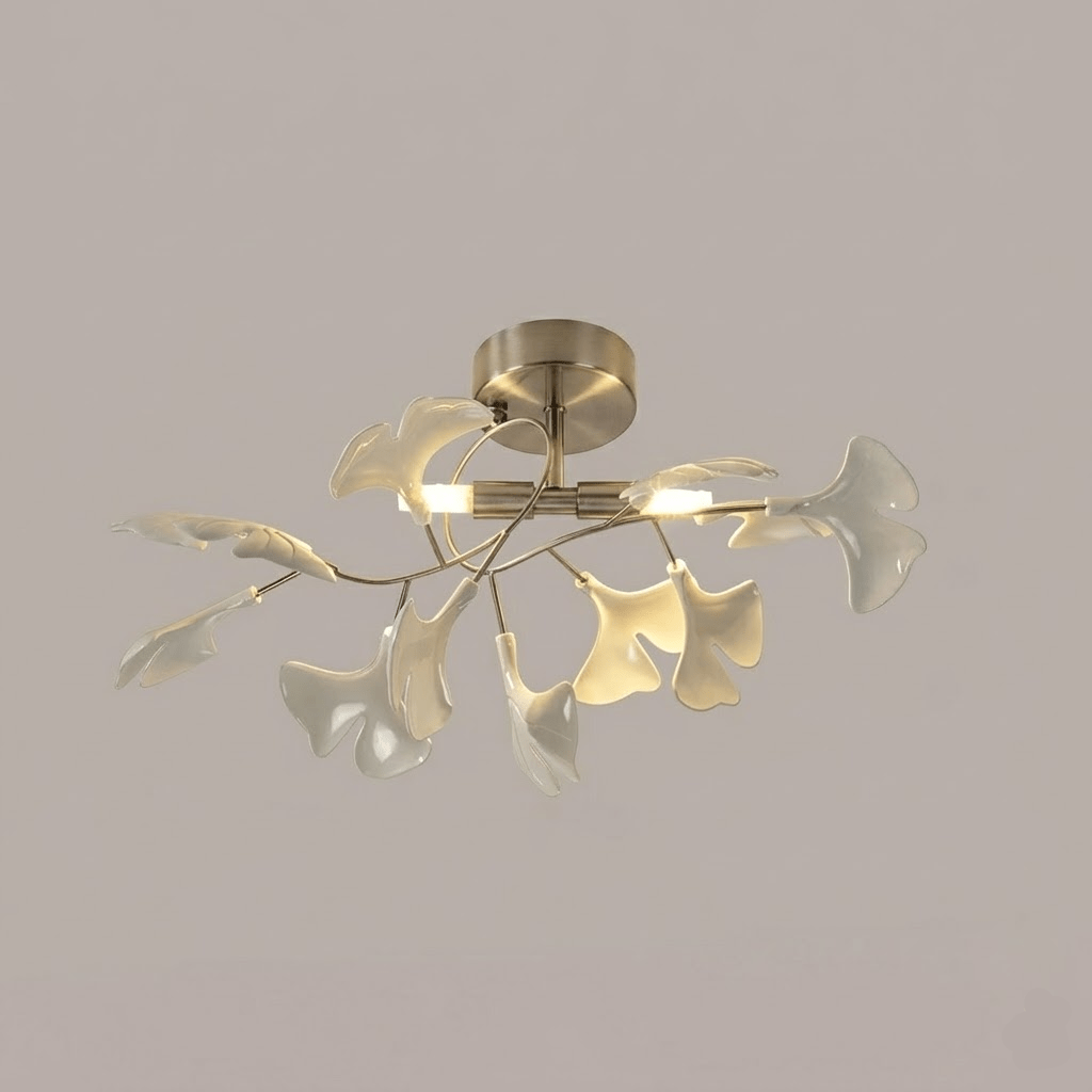 Keramische Hanglamp Ginkgo-Blad – Goudkleurige Armatuur met Witte Bladeren – Modern Natuurgeïnspireerd Design voor Woonkamer Eetkamer Slaapkamer