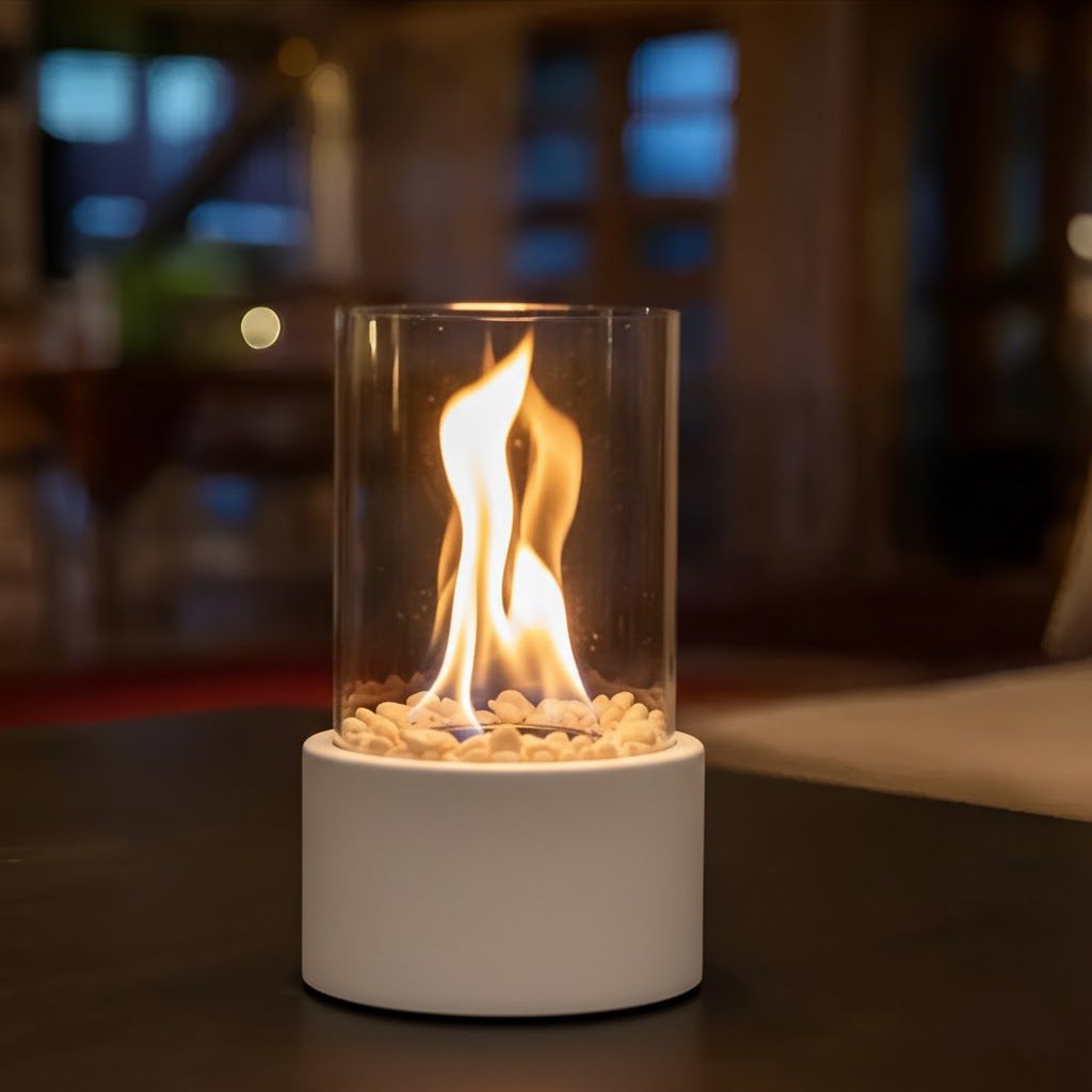 Tafelkachel op Bio-ethanol – Rookvrije Haard met Glazen Cilinder in Zwart, Wit of Zilver – Modern Design voor Binnen en Buiten