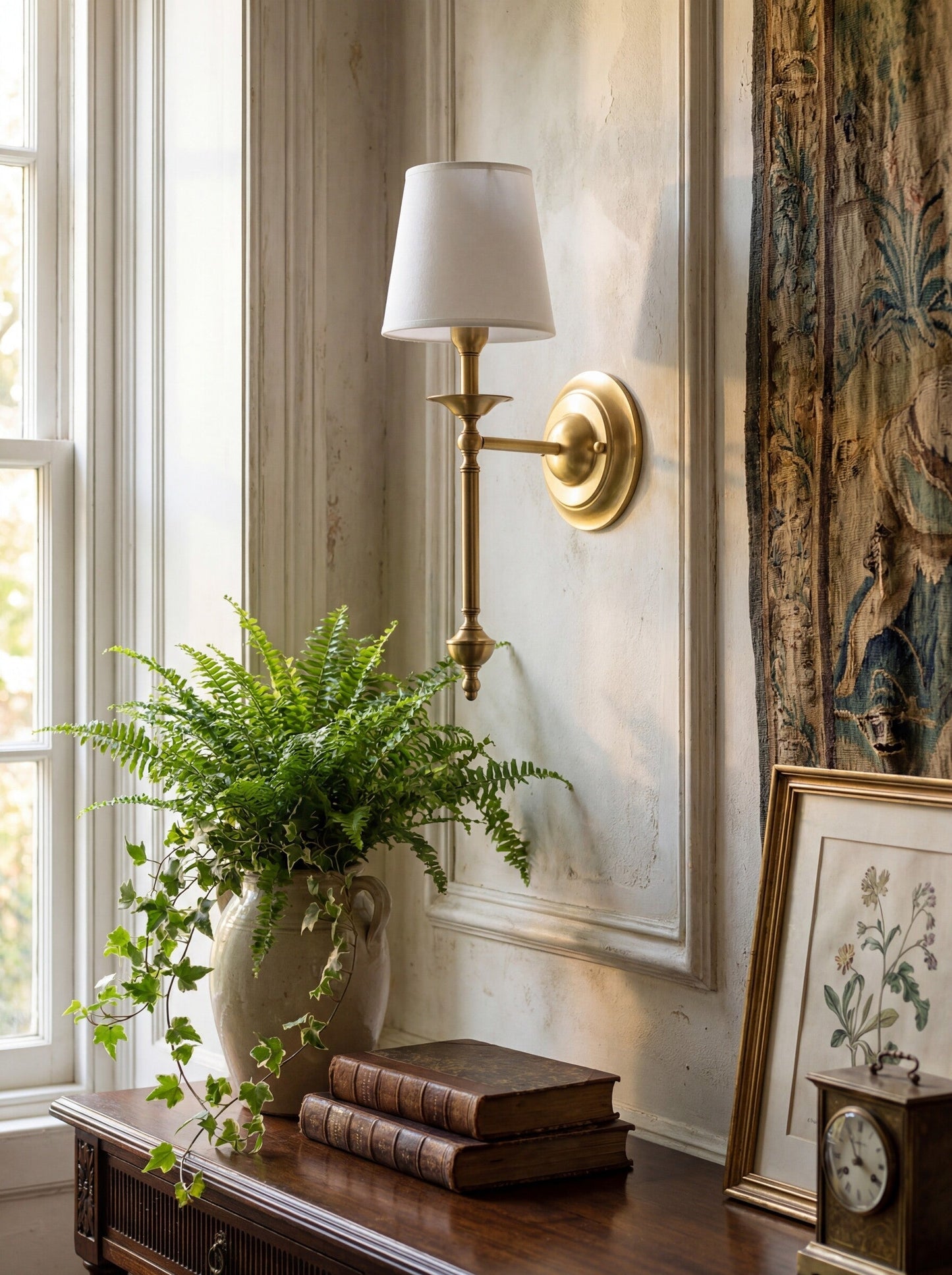 Stoffen Wandlamp met Vintage Koperen Afwerking – Sfeervolle Verlichting voor Hal, Slaapkamer en Woonkamer