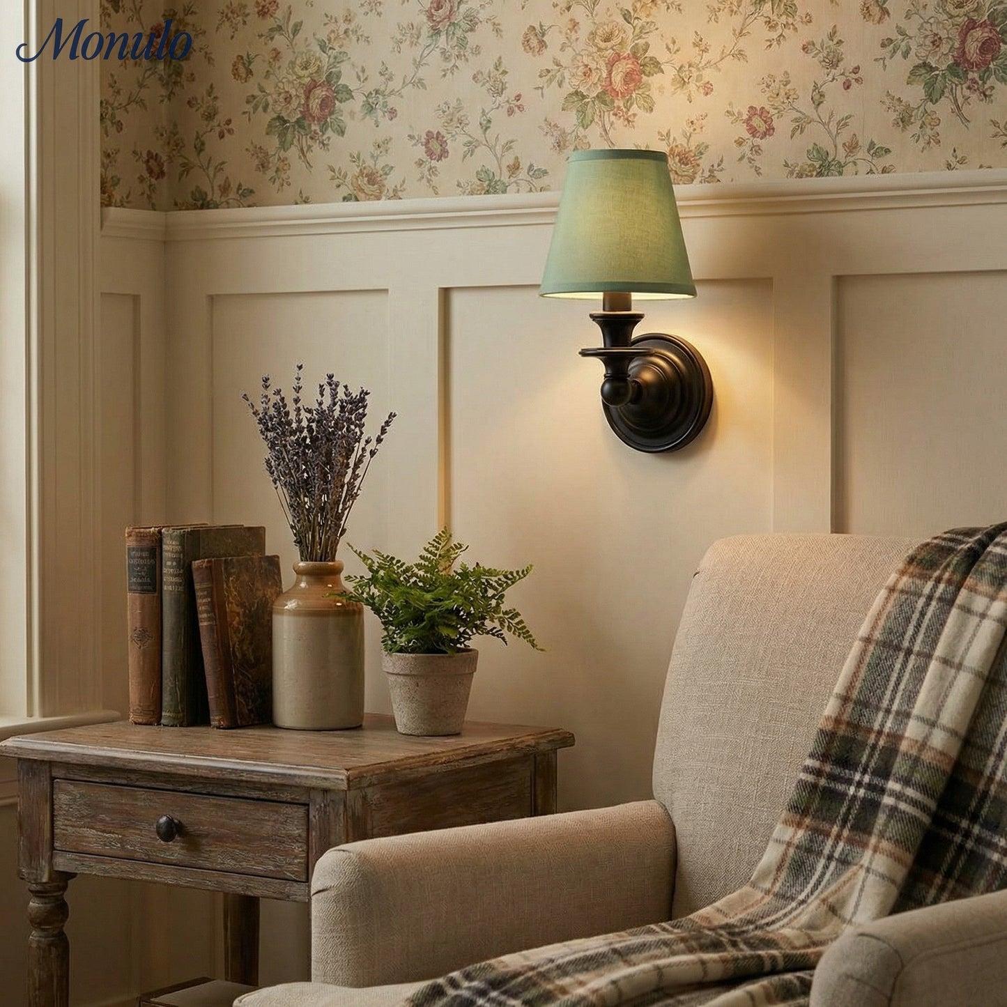 Wandlamp met stoffen kap en zwanenhalsarm – smeedijzeren armatuur met verstelbare leeslamp