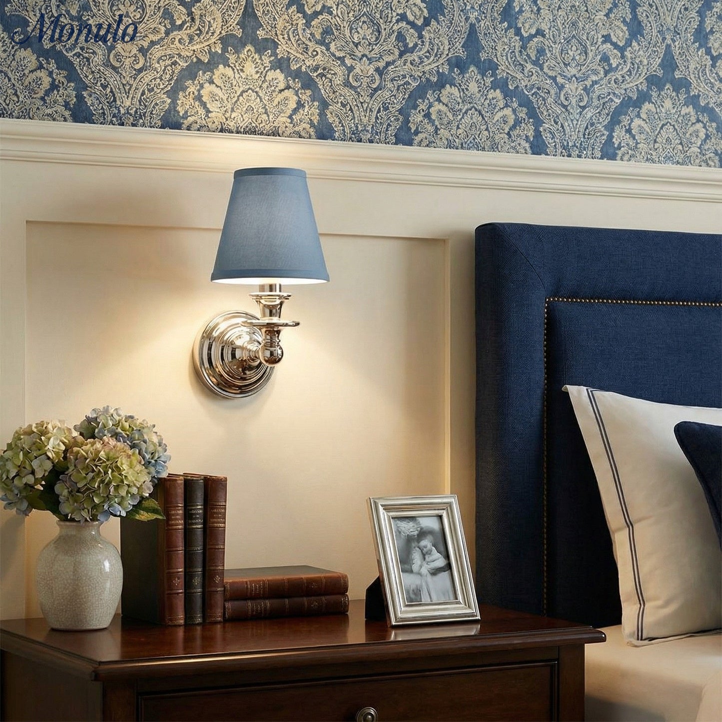 Wandlamp met stoffen kap en zwanenhalsarm – smeedijzeren armatuur met verstelbare leeslamp