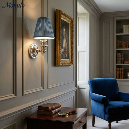 Wandlamp met stoffen kap en zwanenhalsarm – smeedijzeren armatuur met verstelbare leeslamp