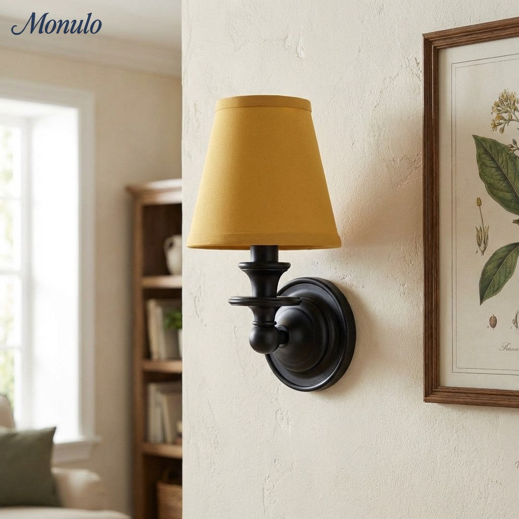 Wandlamp met stoffen kap en zwanenhalsarm – smeedijzeren armatuur met verstelbare leeslamp