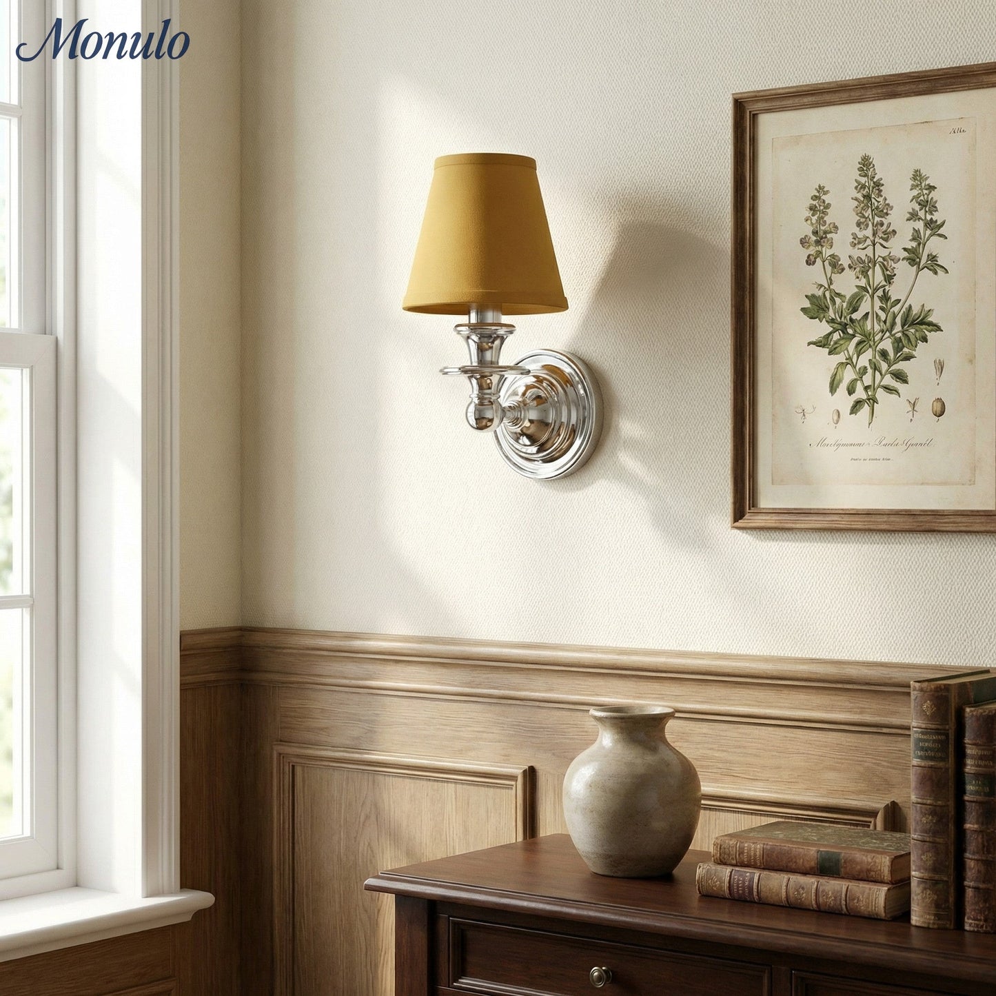 Wandlamp met stoffen kap en zwanenhalsarm – smeedijzeren armatuur met verstelbare leeslamp
