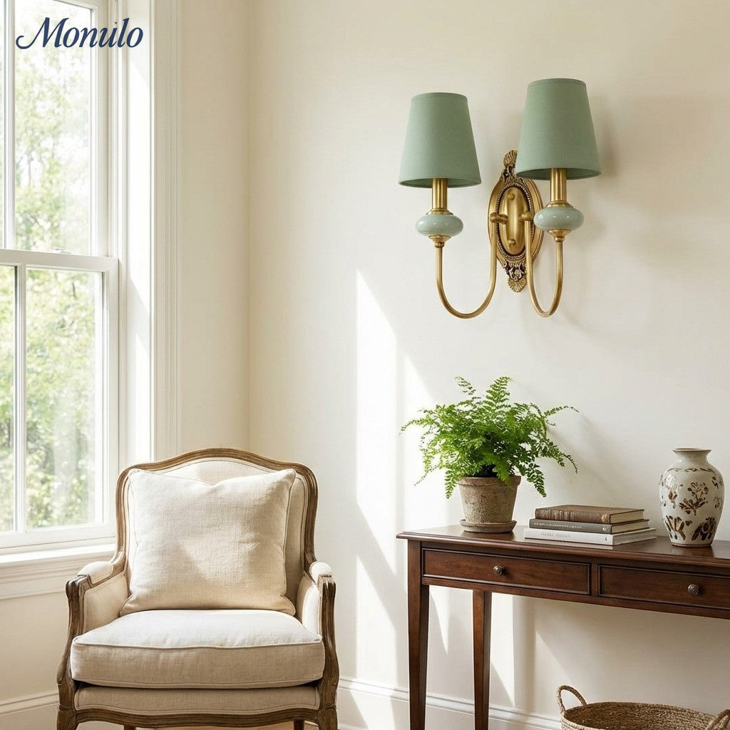 Keramische wandlamp met stoffen kap - 1 of 2 lichtpunten - E27 - diverse kleuren & stijlen