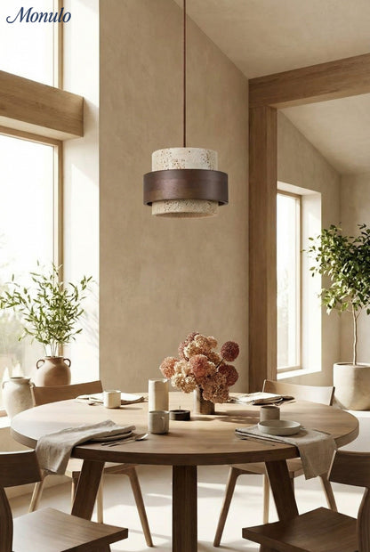 Houten Hanglamp met Travertijn Afwerking – Organische Lichtbron Eetkamer Woonkamer