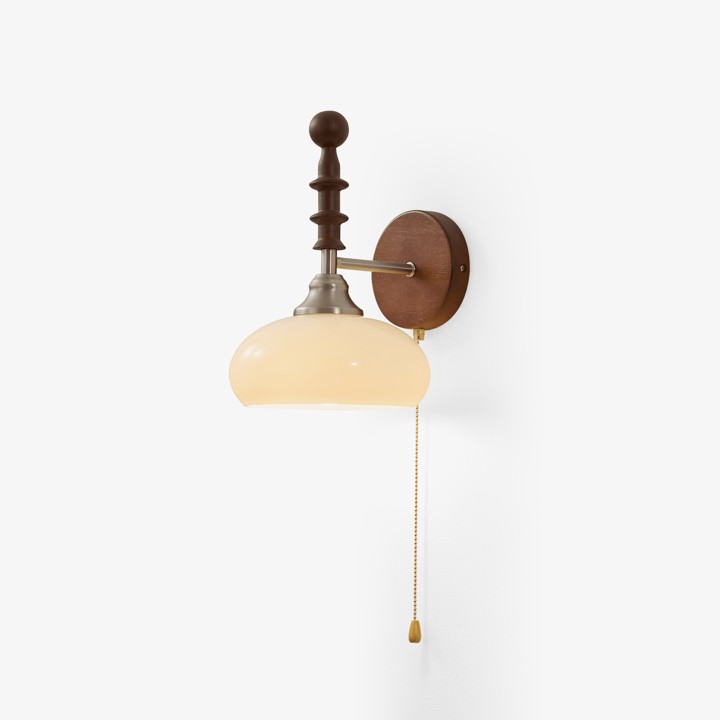Vintage Wandlamp Met Trekkoord, Walnoot Houten Wandplaat En Opaalglazen Kap