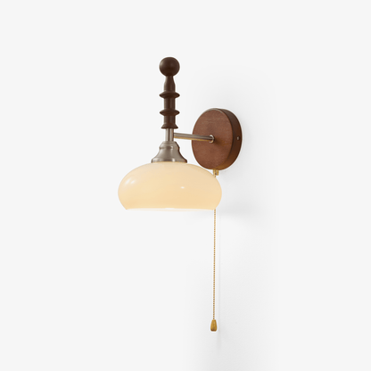 Vintage Wandlamp Met Trekkoord, Walnoot Houten Wandplaat En Opaalglazen Kap