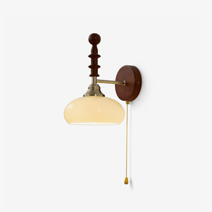 Vintage Wandlamp Met Trekkoord, Walnoot Houten Wandplaat En Opaalglazen Kap
