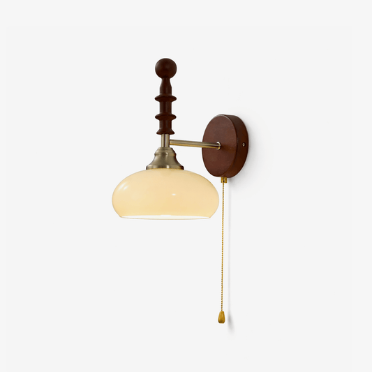 Vintage Wandlamp Met Trekkoord, Walnoot Houten Wandplaat En Opaalglazen Kap