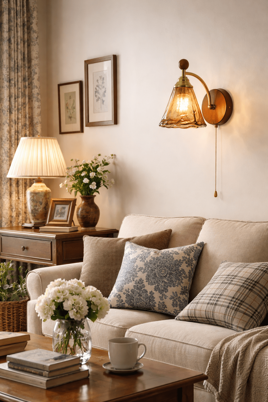 Vintage Wandlamp Met Amber Glazen Kap En Houten Wandplaat In Walnootkleur