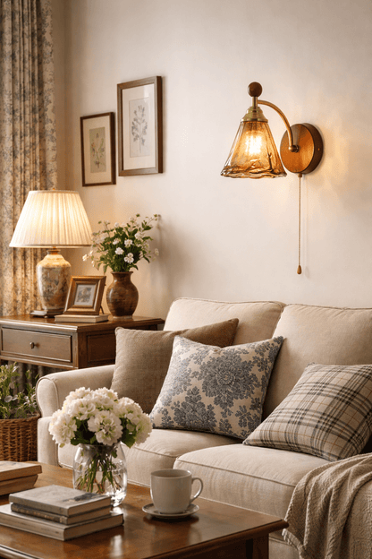 Vintage Wandlamp Met Amber Glazen Kap En Houten Wandplaat In Walnootkleur