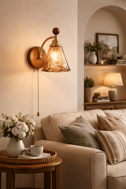 Vintage Wandlamp Met Amber Glazen Kap En Houten Wandplaat In Walnootkleur