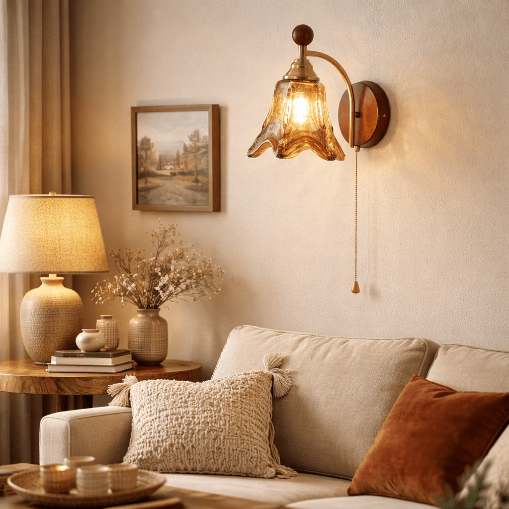 Vintage Wandlamp Met Amber Glazen Kap En Houten Wandplaat In Walnootkleur