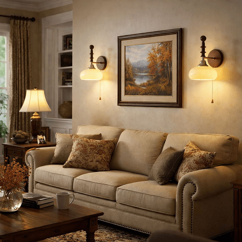 Vintage Wandlamp Met Trekkoord, Walnoot Houten Wandplaat En Opaalglazen Kap