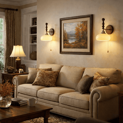 Vintage Wandlamp Met Trekkoord, Walnoot Houten Wandplaat En Opaalglazen Kap