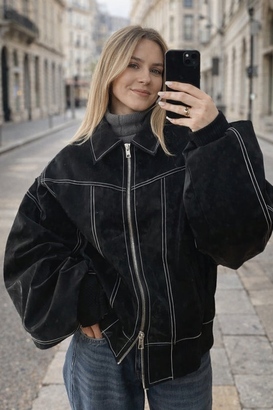 Dames Oversized JeansjasMet Pofmouwen en Stiksels - StudioMarella