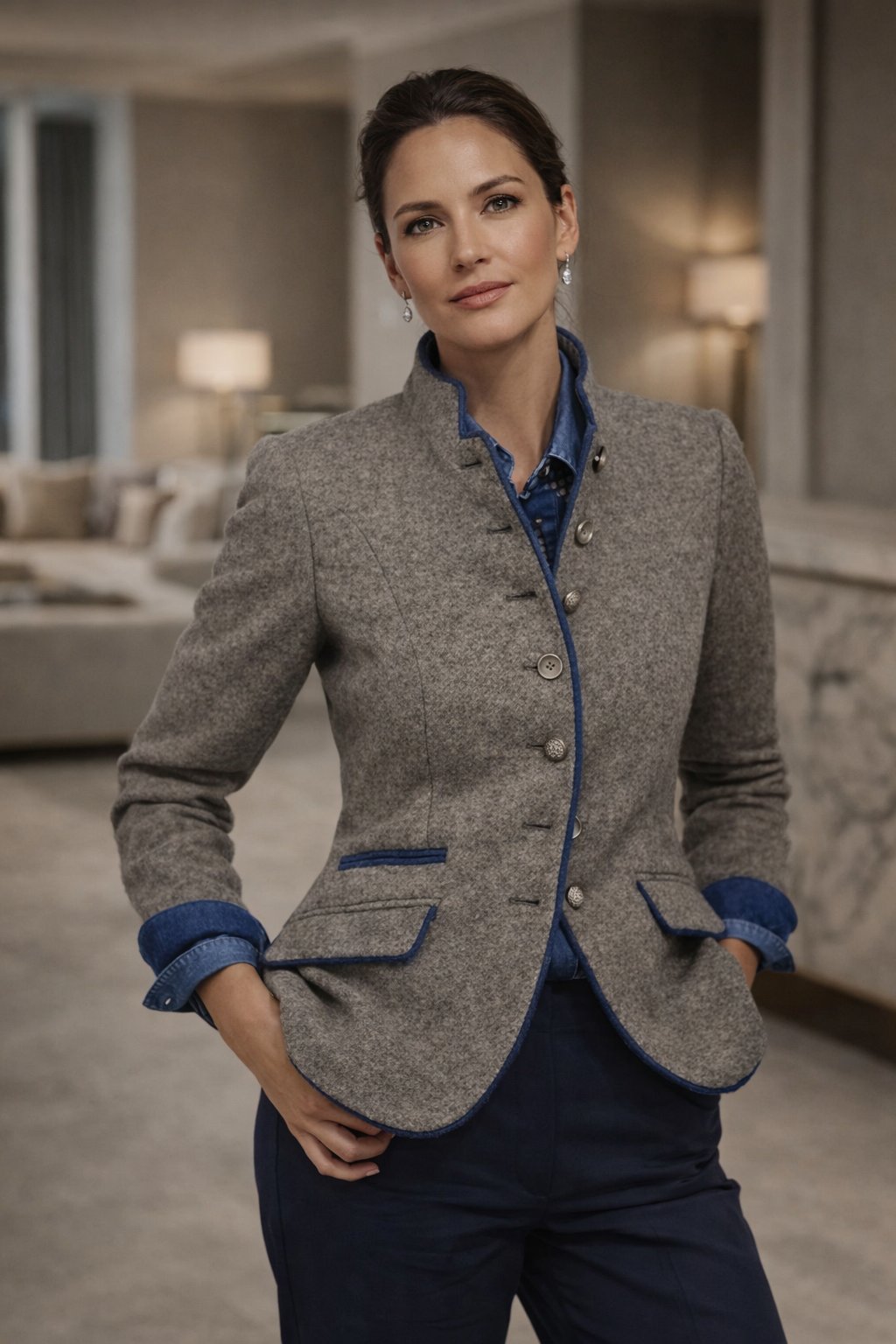 Dames Blazer Blauw Contrasterend Opstaande Kraag Model - StudioMarella