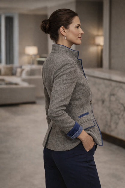 Dames Blazer Blauw Contrasterend Opstaande Kraag Model