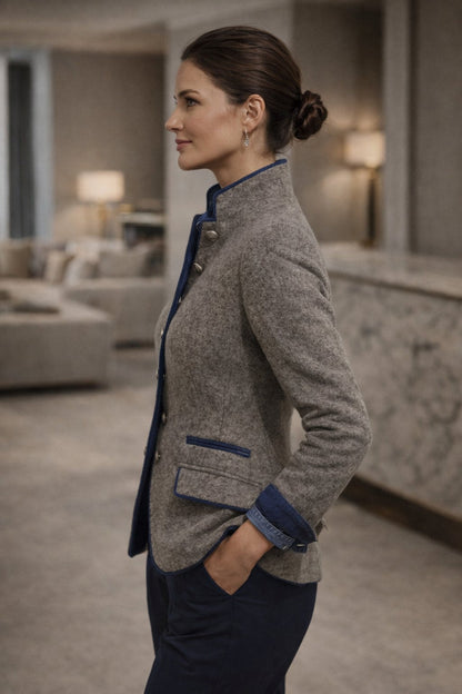 Dames Blazer Blauw Contrasterend Opstaande Kraag Model