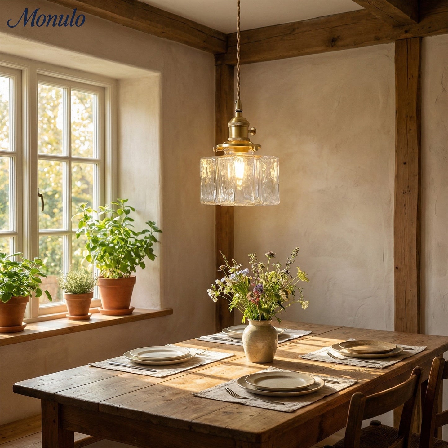 Vintage Hanglamp met Gegolfd Glas & IJzeren Armatuur – Vierkant/Rechthoekig – Scandinavisch Design voor Woonkamer