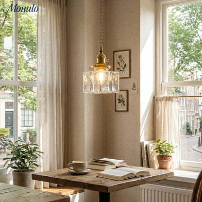 Vintage Hanglamp met Gegolfd Glas & IJzeren Armatuur – Vierkant/Rechthoekig – Scandinavisch Design voor Woonkamer