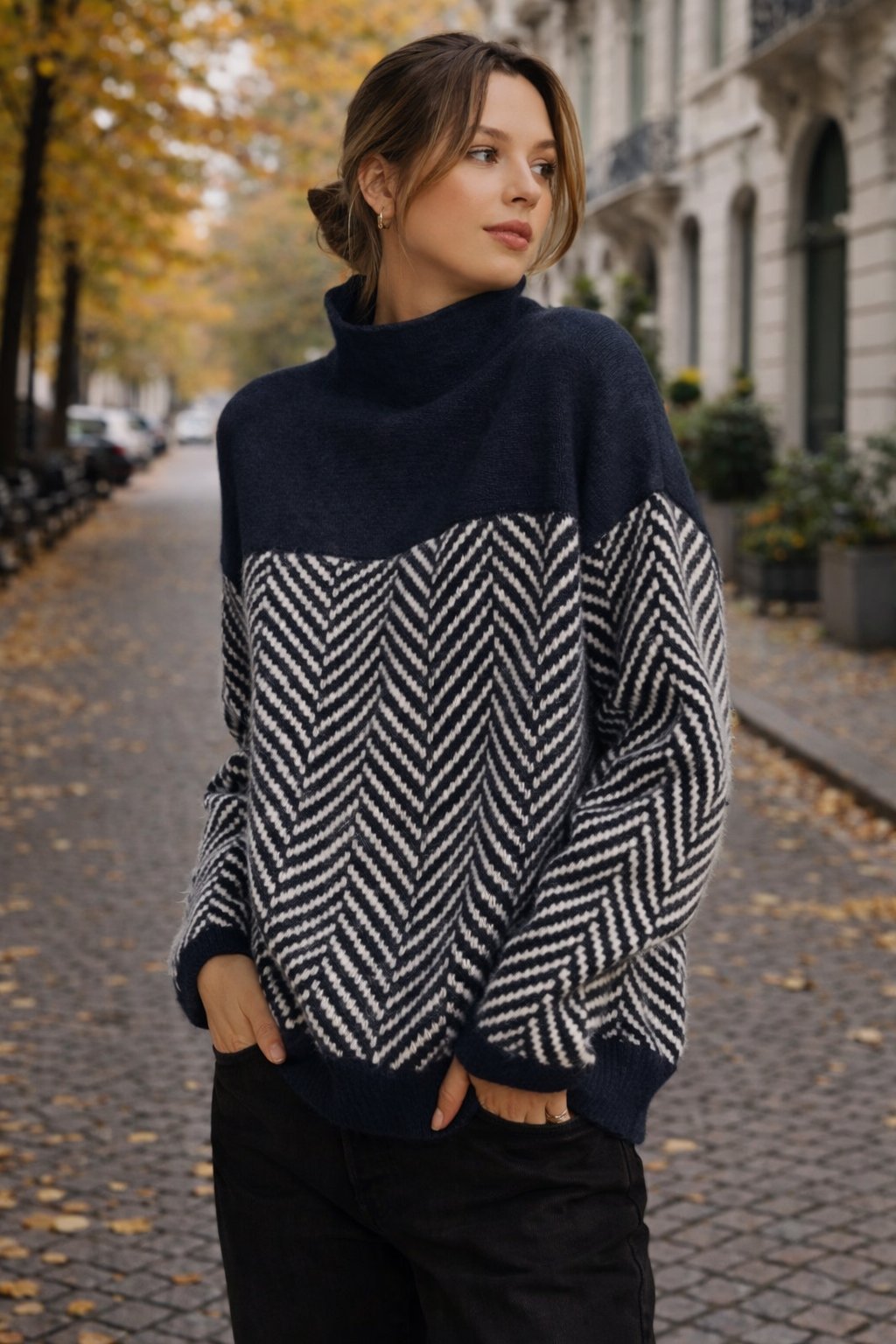 Dames Trui Visgraatpatroon Tweekleurig Design