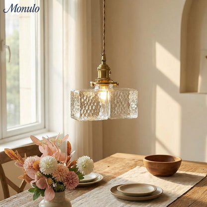 Vintage Hanglamp met Gegolfd Glas & IJzeren Armatuur – Vierkant/Rechthoekig – Scandinavisch Design voor Woonkamer