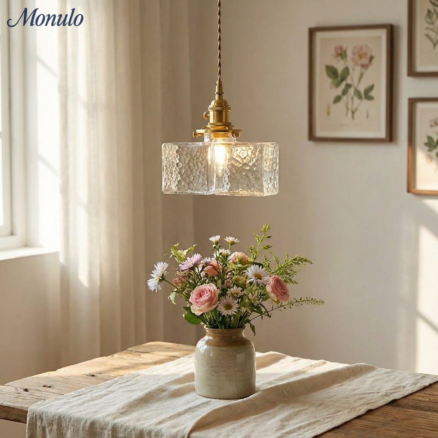 Vintage Hanglamp met Gegolfd Glas & IJzeren Armatuur – Vierkant/Rechthoekig – Scandinavisch Design voor Woonkamer