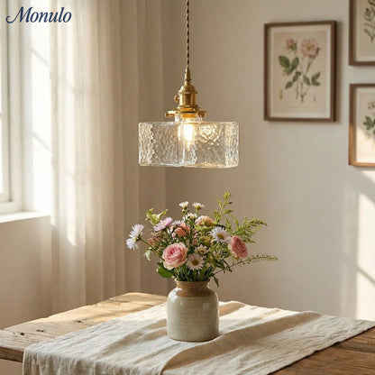 Vintage Hanglamp met Gegolfd Glas & IJzeren Armatuur – Vierkant/Rechthoekig – Scandinavisch Design voor Woonkamer