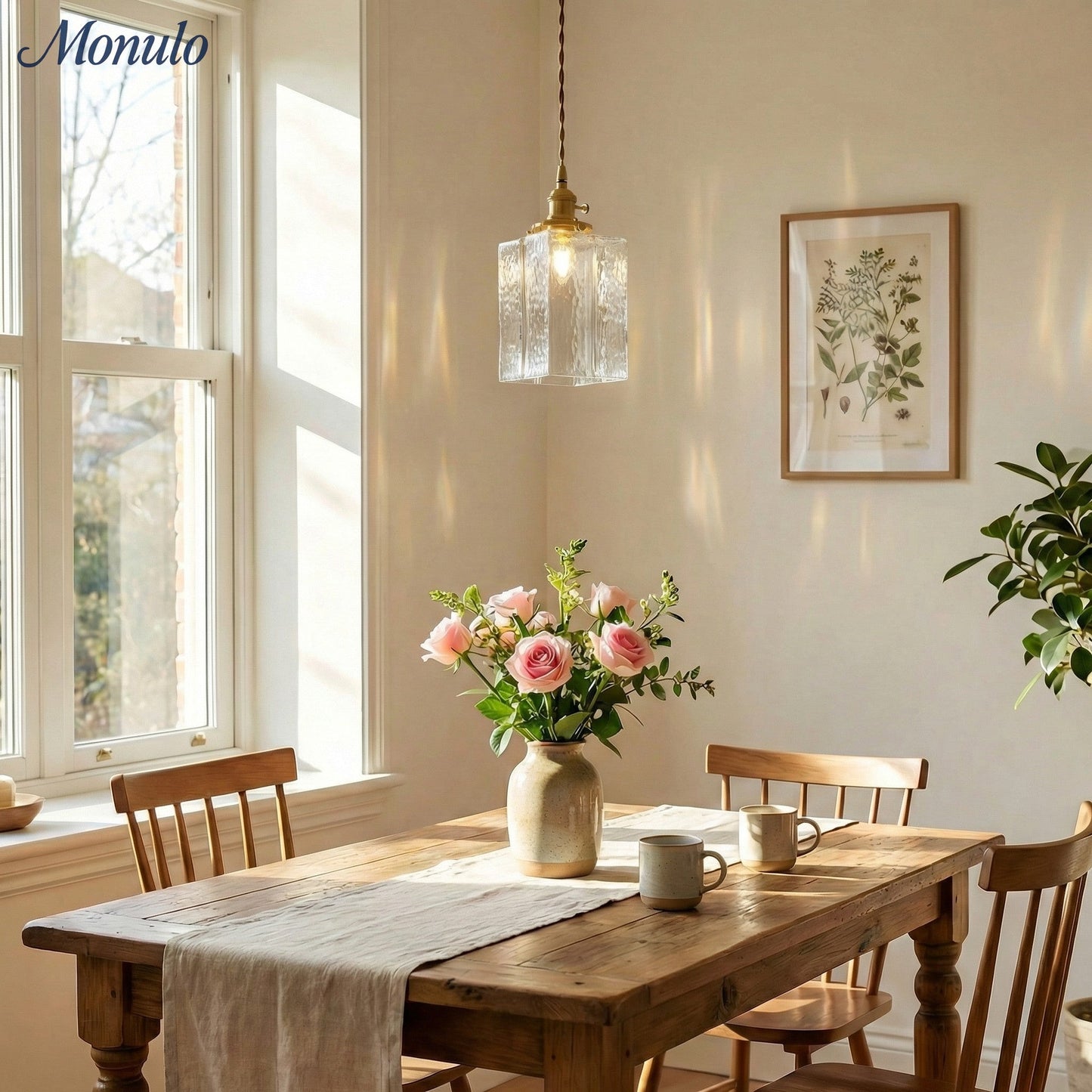 Vintage Hanglamp met Gegolfd Glas & IJzeren Armatuur – Vierkant/Rechthoekig – Scandinavisch Design voor Woonkamer