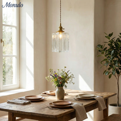 Vintage Hanglamp met Gegolfd Glas & IJzeren Armatuur – Vierkant/Rechthoekig – Scandinavisch Design voor Woonkamer