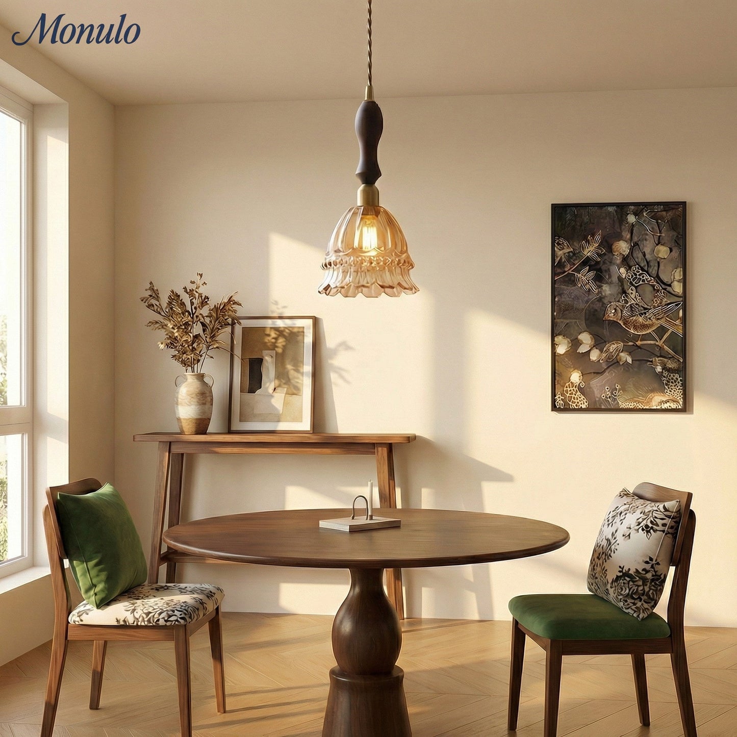 Franse Landelijke Hanglamp Glazen Kap Kwallen Design Transparant of Amber met Walnoot Greep Sfeerverlichting Eetkamer Elegante Plafondlamp
