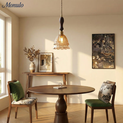 Franse Landelijke Hanglamp Glazen Kap Kwallen Design Transparant of Amber met Walnoot Greep Sfeerverlichting Eetkamer Elegante Plafondlamp