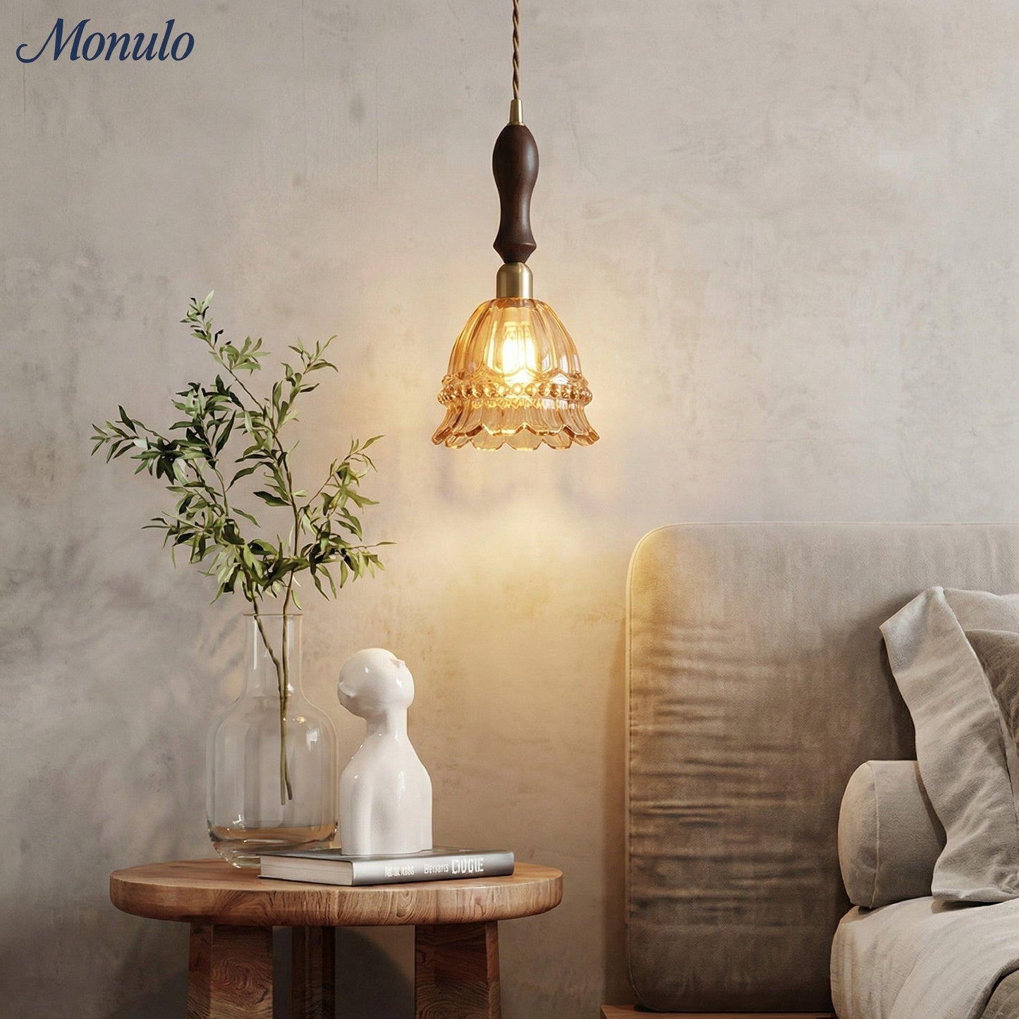 Franse Landelijke Hanglamp Glazen Kap Kwallen Design Transparant of Amber met Walnoot Greep Sfeerverlichting Eetkamer Elegante Plafondlamp