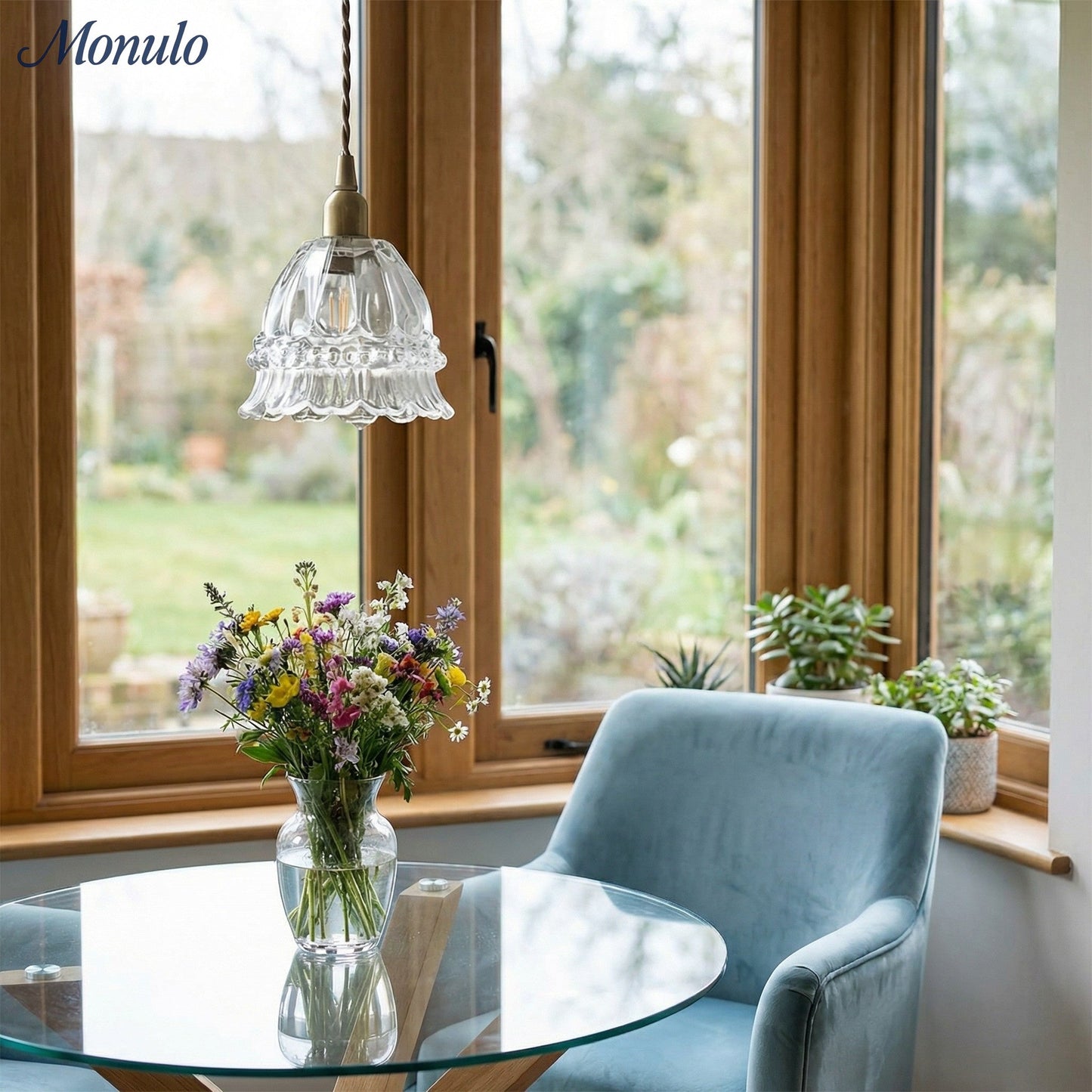 Franse Landelijke Hanglamp Glazen Kap Kwallen Design Transparant of Amber met Walnoot Greep Sfeerverlichting Eetkamer Elegante Plafondlamp