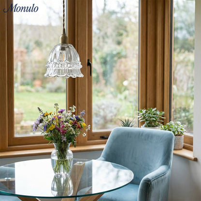 Franse Landelijke Hanglamp Glazen Kap Kwallen Design Transparant of Amber met Walnoot Greep Sfeerverlichting Eetkamer Elegante Plafondlamp