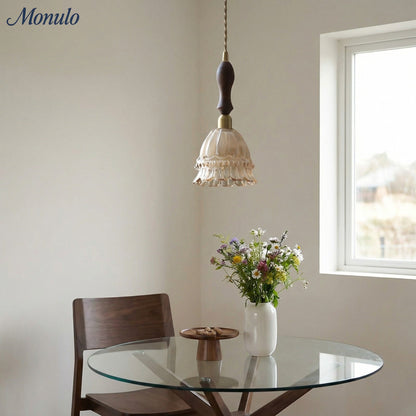 Franse Landelijke Hanglamp Glazen Kap Kwallen Design Transparant of Amber met Walnoot Greep Sfeerverlichting Eetkamer Elegante Plafondlamp