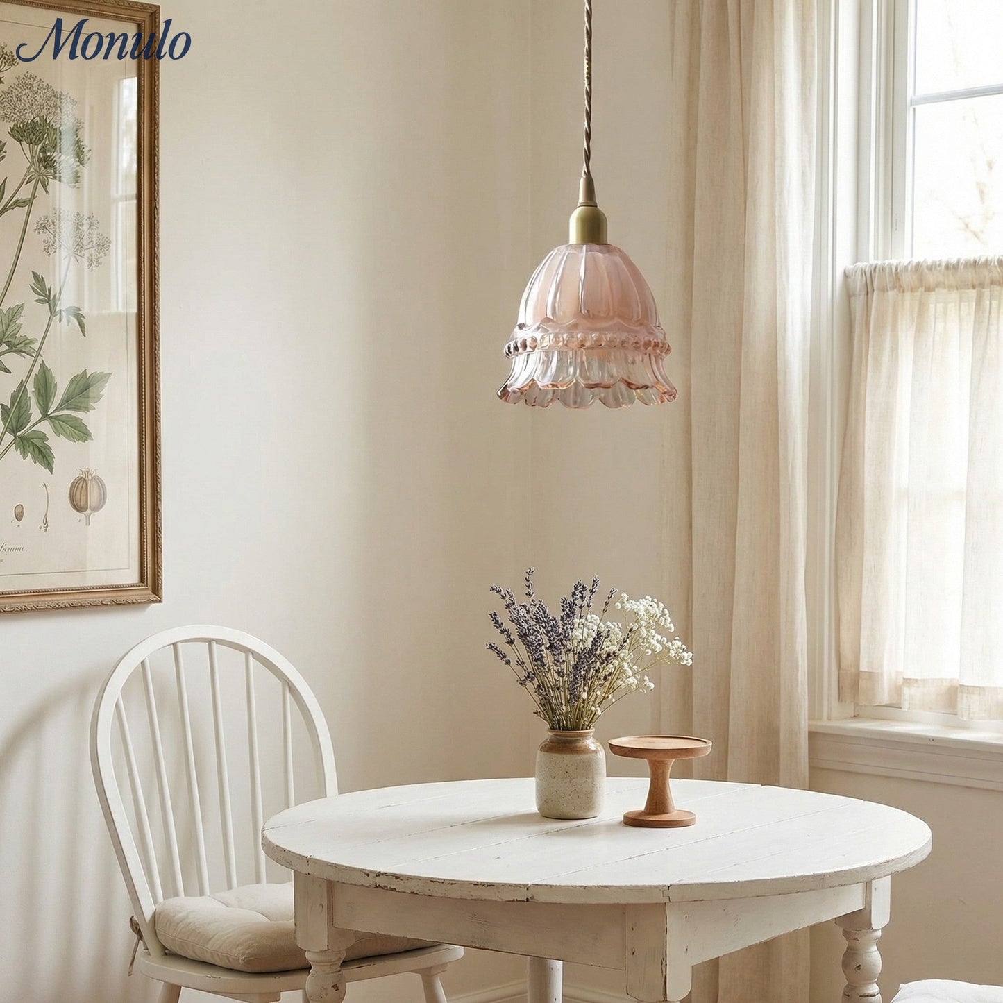 Franse Landelijke Hanglamp Glazen Kap Kwallen Design Transparant of Amber met Walnoot Greep Sfeerverlichting Eetkamer Elegante Plafondlamp
