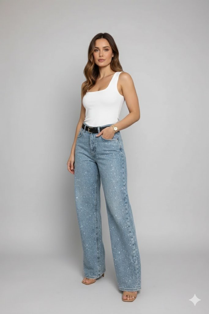 Dames Jeans met Witte Verfspat Details Trendy Kati Stijl