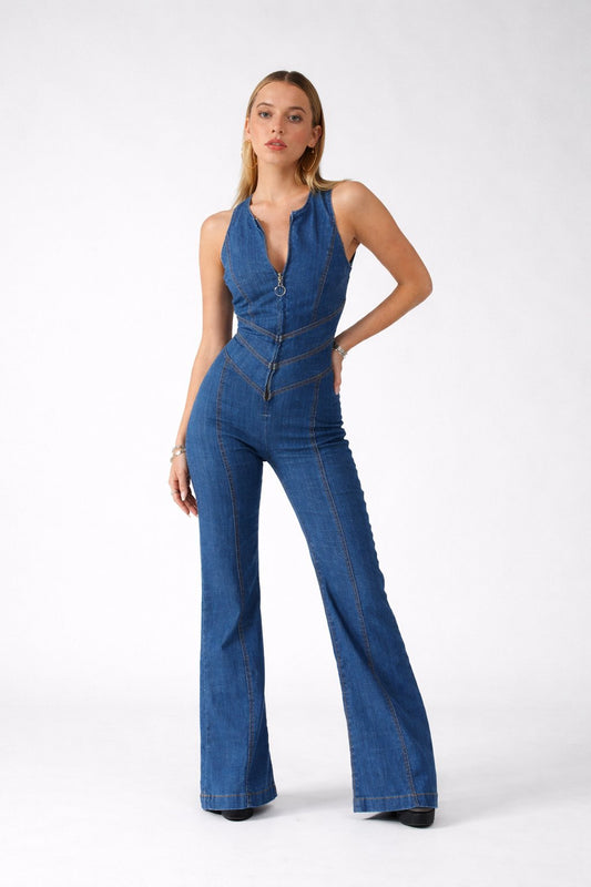 Vrouwelijke Jumpsuit Wijd Uitlopende Pijpen Oranje Details - StudioMarella