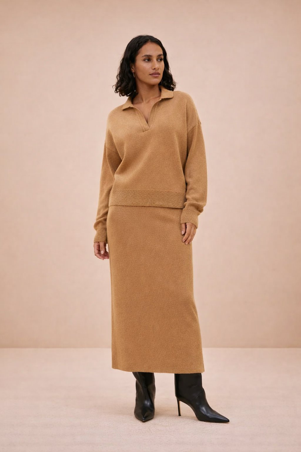 Dames Gebreide Set met Kraag Trui en Lange Maxi Rok - StudioMarella