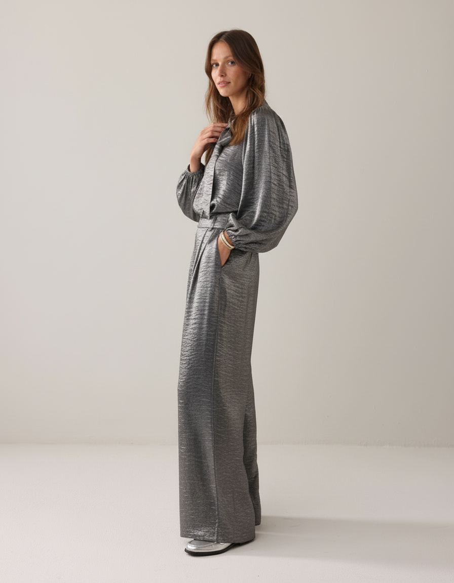 Vrouwen Blouse Set met Strik en Volumineuze Mouwen Metallic Kleur