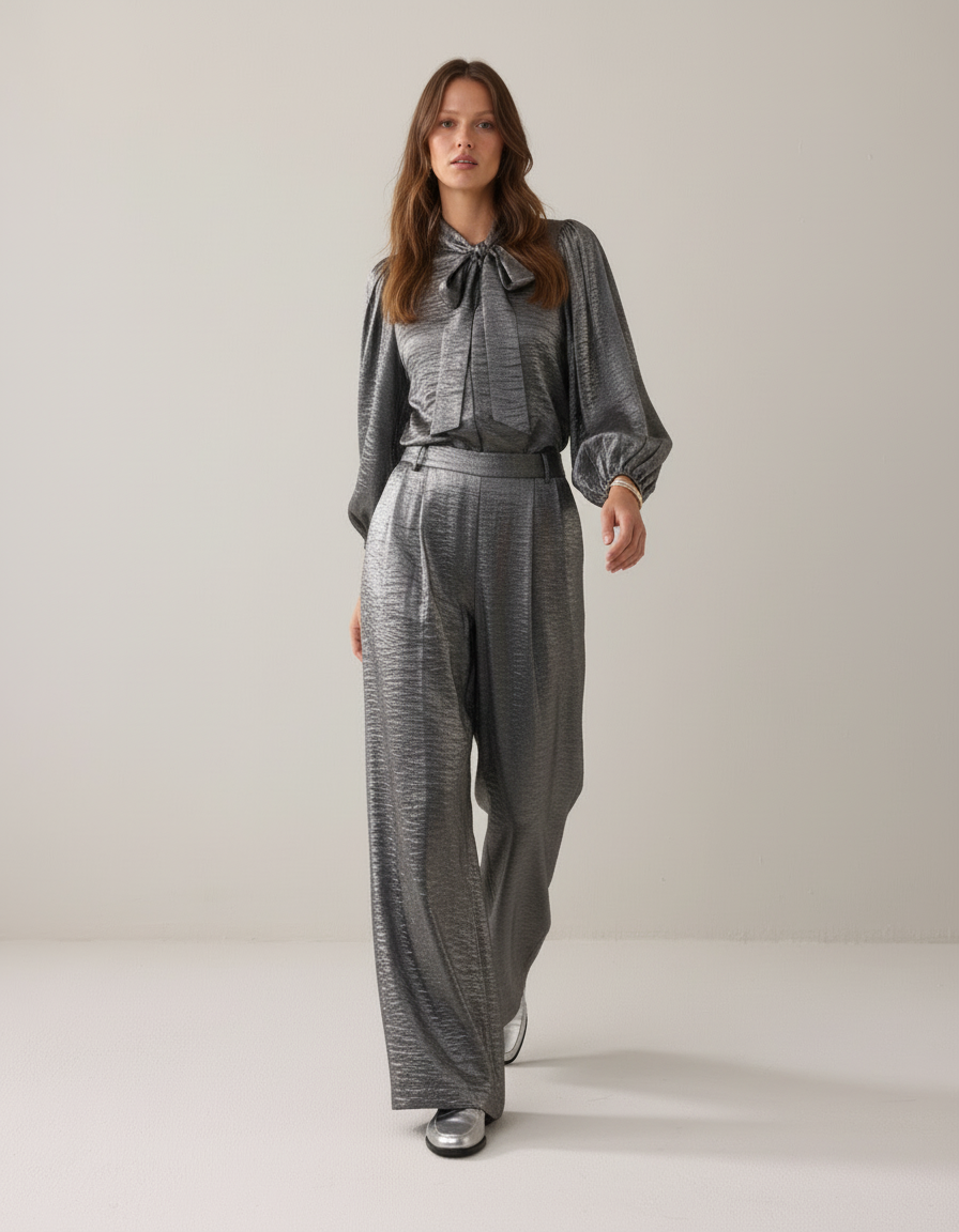 Vrouwen Blouse Set met Strik en Volumineuze Mouwen Metallic Kleur